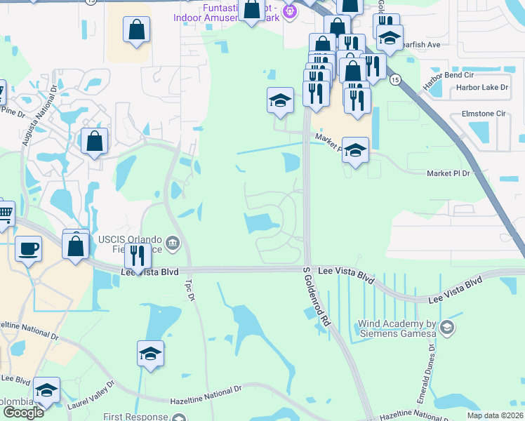 map of restaurants, bars, coffee shops, grocery stores, and more near 6504 South Goldenrod Road in Orlando