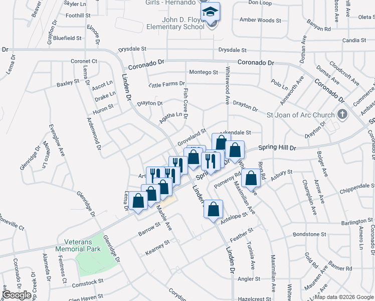 map of restaurants, bars, coffee shops, grocery stores, and more near 13035 Groveland Street in Spring Hill