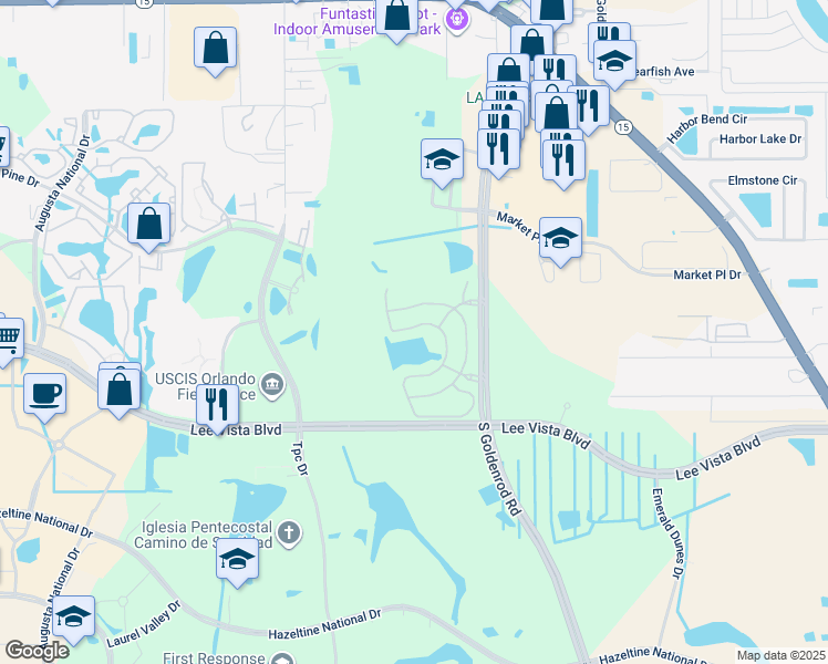 map of restaurants, bars, coffee shops, grocery stores, and more near 6504 South Goldenrod Road in Orlando