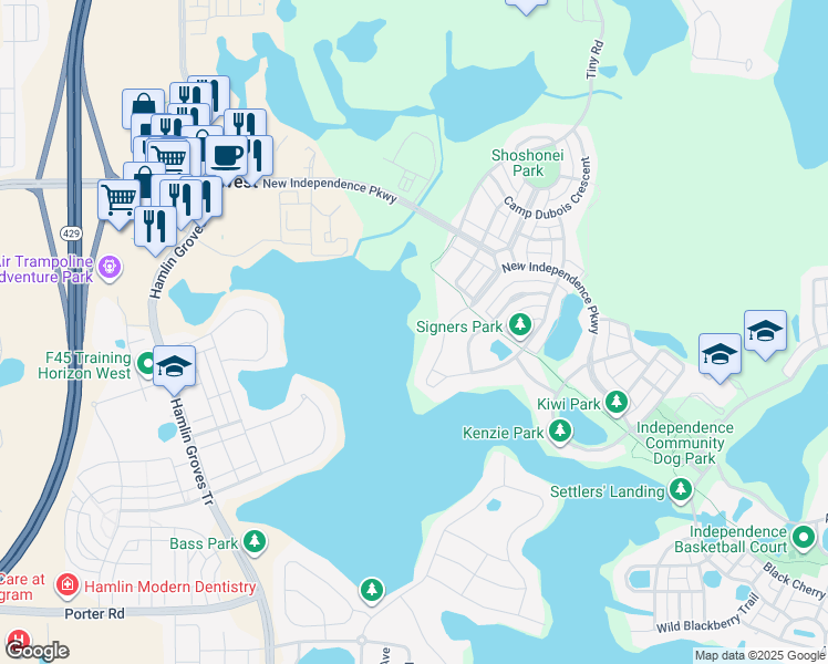 map of restaurants, bars, coffee shops, grocery stores, and more near 6737 Point Hancock Drive in Winter Garden