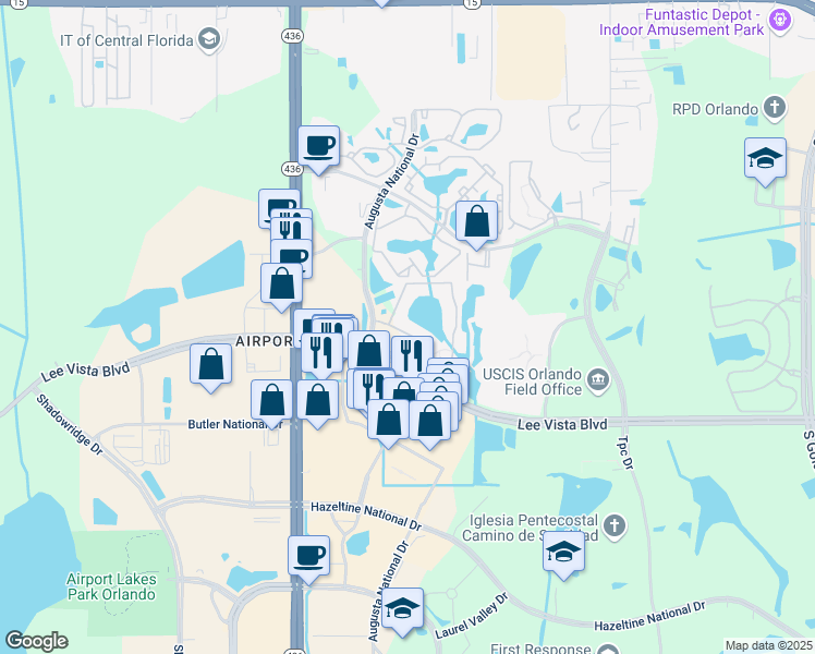 map of restaurants, bars, coffee shops, grocery stores, and more near 5933 Lee Vista Boulevard in Orlando