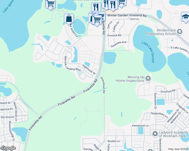 map of restaurants, bars, coffee shops, grocery stores, and more near 13821 Ingelnook Drive in Windermere