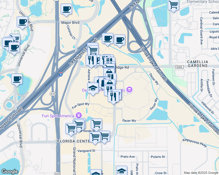 map of restaurants, bars, coffee shops, grocery stores, and more near 5401 Altamira Drive in Orlando