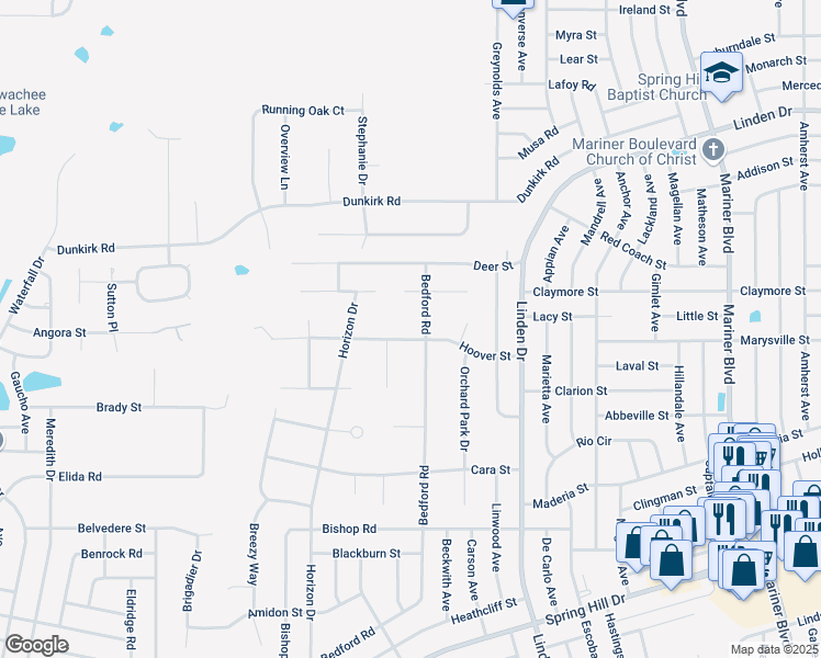 map of restaurants, bars, coffee shops, grocery stores, and more near 10457 Bedford Road in Spring Hill