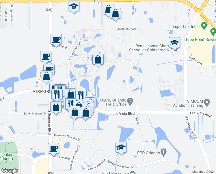 map of restaurants, bars, coffee shops, grocery stores, and more near 6530 Swissco Drive in Orlando