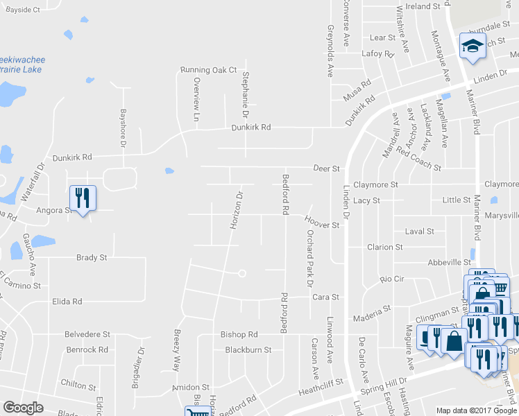 map of restaurants, bars, coffee shops, grocery stores, and more near 10215 Hoover Street in Spring Hill
