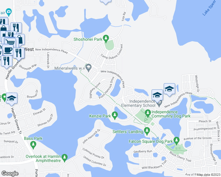map of restaurants, bars, coffee shops, grocery stores, and more near 6411 Point Hancock Drive in Winter Garden
