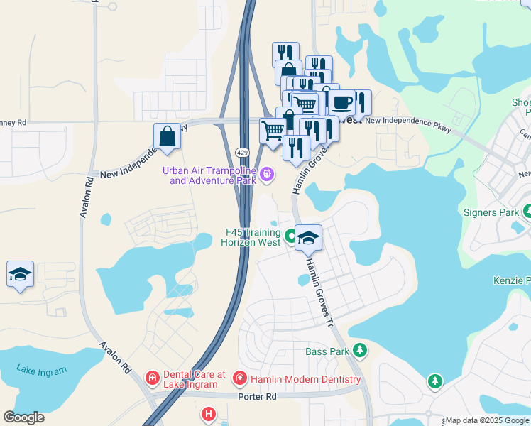 map of restaurants, bars, coffee shops, grocery stores, and more near New Independence Parkway in Winter Garden