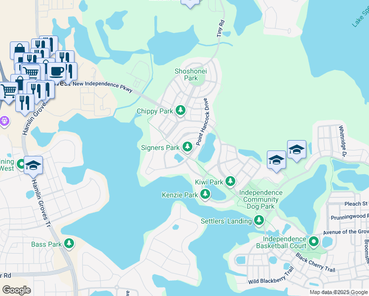 map of restaurants, bars, coffee shops, grocery stores, and more near 15665 Braintree Lane in Winter Garden