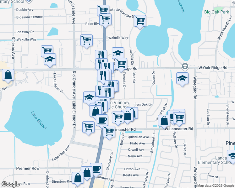 map of restaurants, bars, coffee shops, grocery stores, and more near 6114 Tomoka Drive in Orlando