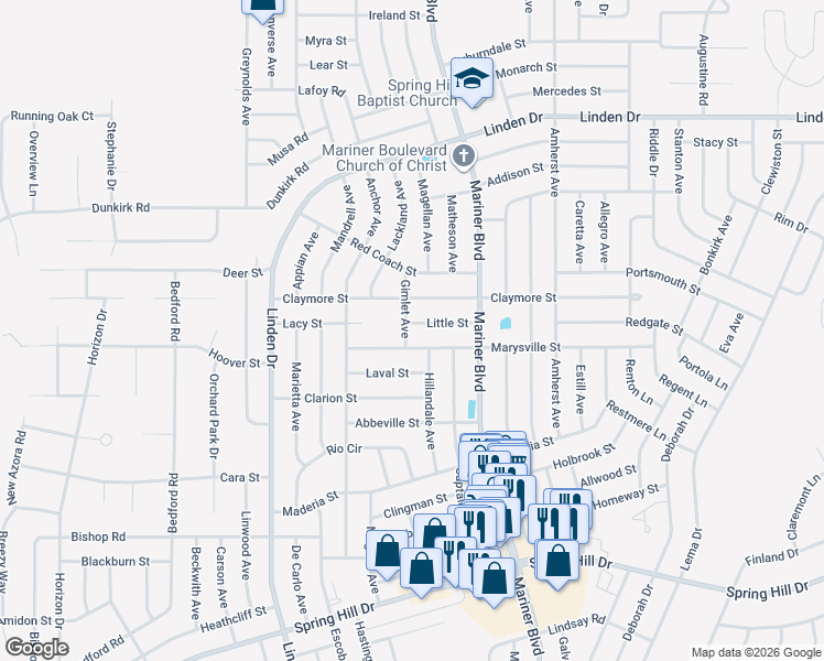 map of restaurants, bars, coffee shops, grocery stores, and more near 2359 Gimlet Avenue in Spring Hill