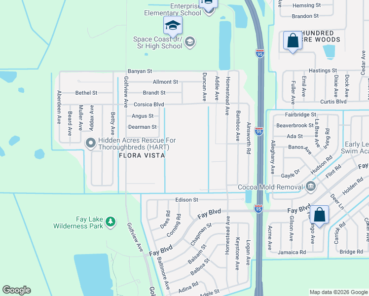 map of restaurants, bars, coffee shops, grocery stores, and more near 6005 Aruin Street in Cocoa