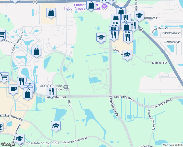 map of restaurants, bars, coffee shops, grocery stores, and more near 6450 South Goldenrod Road in Orlando