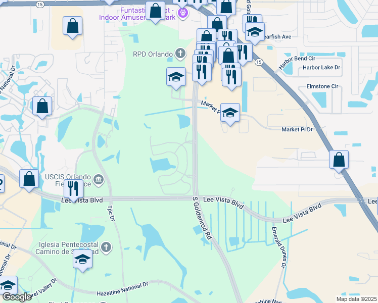 map of restaurants, bars, coffee shops, grocery stores, and more near 6552 South Goldenrod Road in Orlando