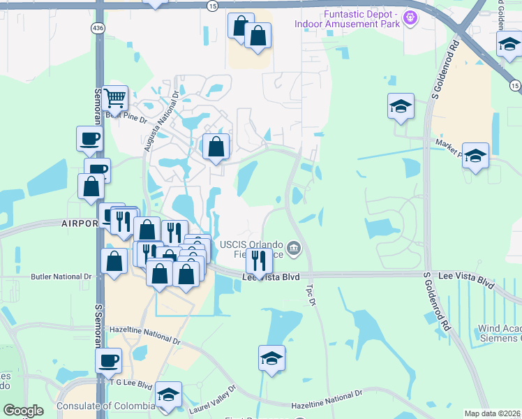map of restaurants, bars, coffee shops, grocery stores, and more near 6506 Swissco Drive in Orlando