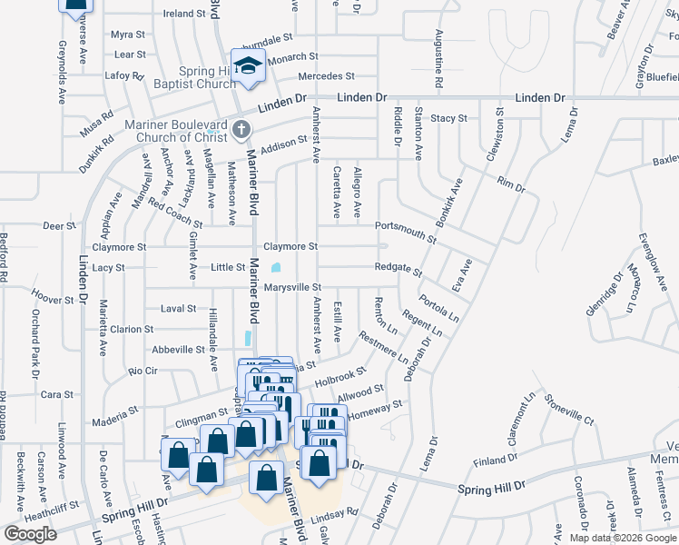 map of restaurants, bars, coffee shops, grocery stores, and more near 11193 Redgate Street in Spring Hill