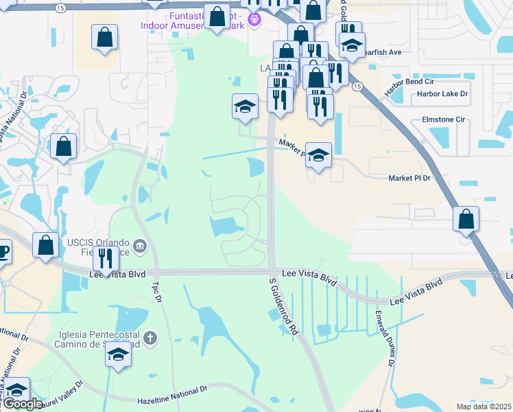 map of restaurants, bars, coffee shops, grocery stores, and more near 6552 South Goldenrod Road in Orlando