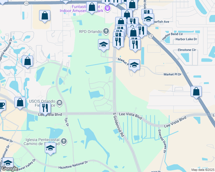 map of restaurants, bars, coffee shops, grocery stores, and more near 6552 South Goldenrod Road in Orlando