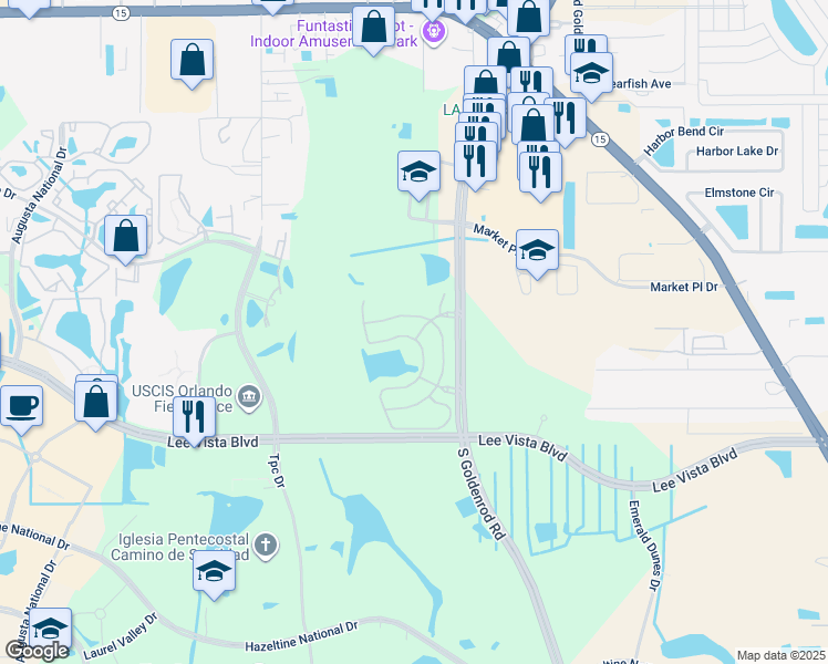 map of restaurants, bars, coffee shops, grocery stores, and more near 6504 South Goldenrod Road in Orlando