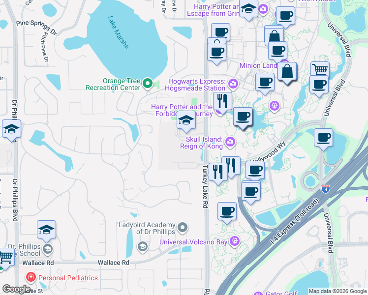 map of restaurants, bars, coffee shops, grocery stores, and more near 6500 Turkey Lake Road in Orlando