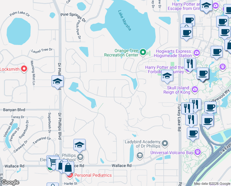 map of restaurants, bars, coffee shops, grocery stores, and more near 6359 Piney Glen Lane in Orlando