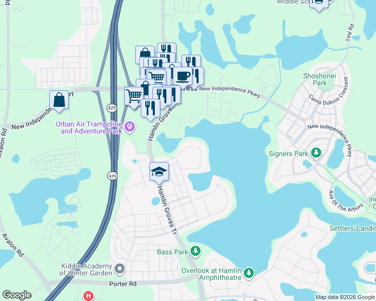 map of restaurants, bars, coffee shops, grocery stores, and more near 5406 Bowman Drive in Winter Garden