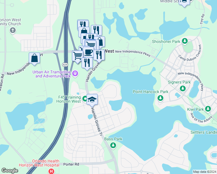 map of restaurants, bars, coffee shops, grocery stores, and more near 5395 Bowman Drive in Winter Garden