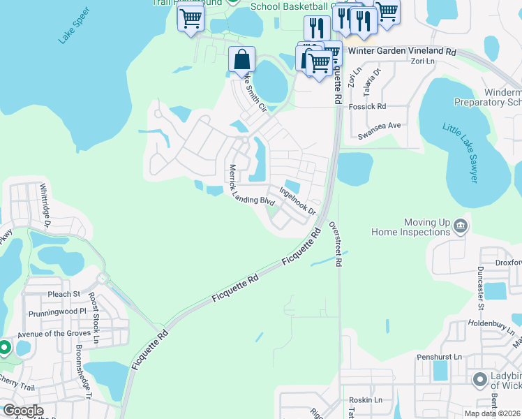 map of restaurants, bars, coffee shops, grocery stores, and more near 6644 Merrick Landing Boulevard in Windermere