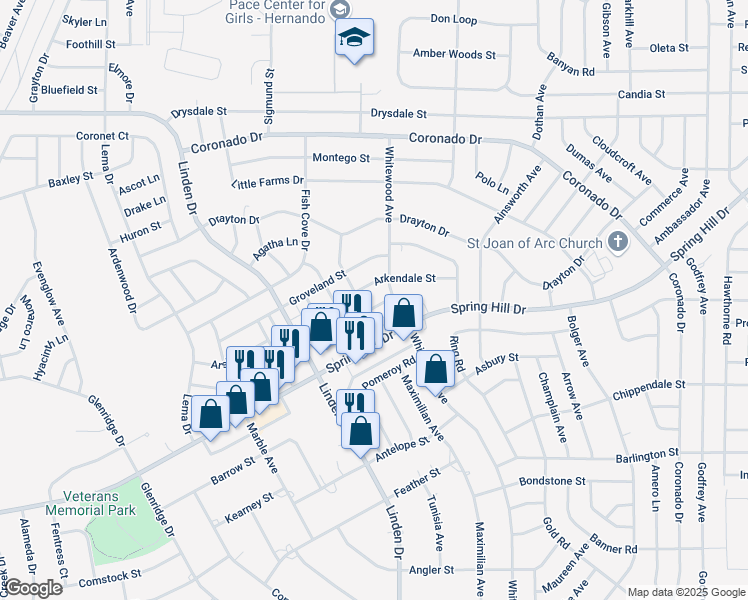 map of restaurants, bars, coffee shops, grocery stores, and more near 13116 Arkendale Street in Spring Hill