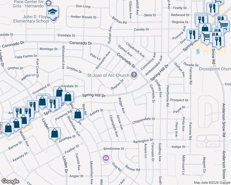 map of restaurants, bars, coffee shops, grocery stores, and more near 13381 Spring Hill Drive in Spring Hill