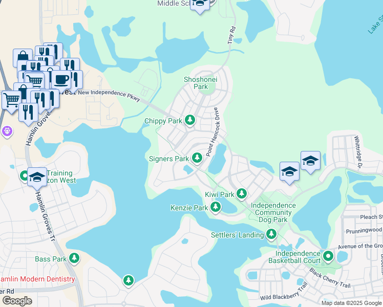map of restaurants, bars, coffee shops, grocery stores, and more near 15706 Signature Drive in Winter Garden