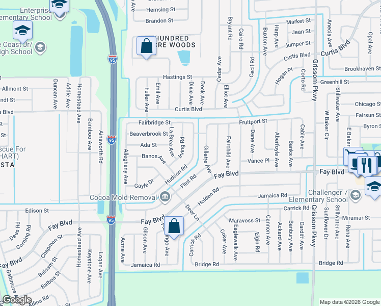 map of restaurants, bars, coffee shops, grocery stores, and more near 6439 Hudson Road in Cocoa