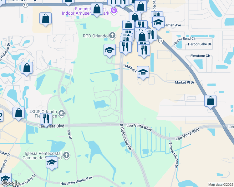 map of restaurants, bars, coffee shops, grocery stores, and more near 6552 South Goldenrod Road in Orlando