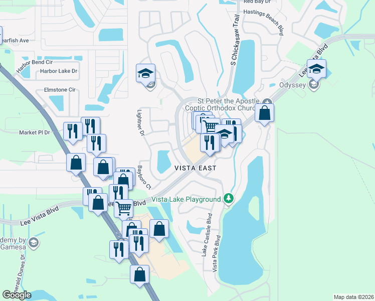map of restaurants, bars, coffee shops, grocery stores, and more near 6401 South Chickasaw Trail in Orlando