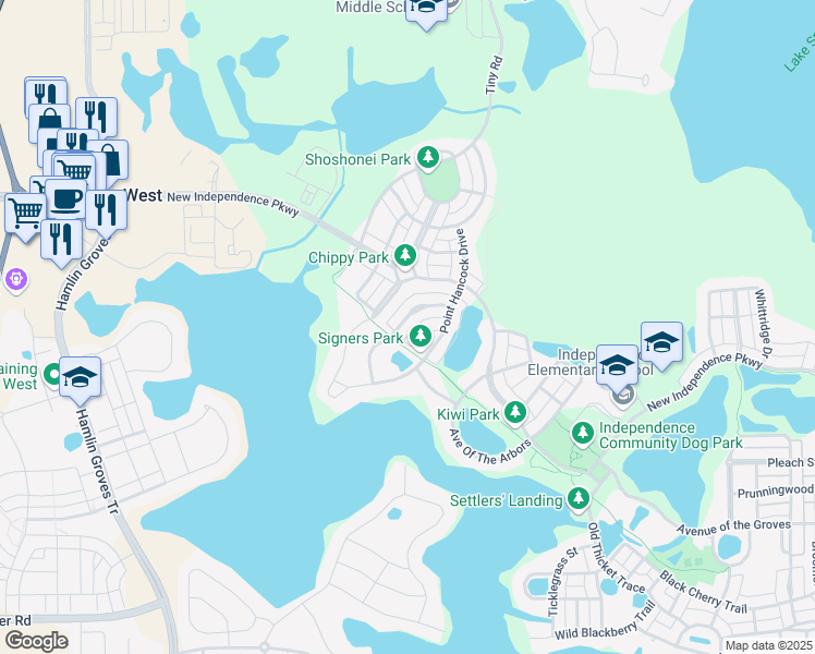 map of restaurants, bars, coffee shops, grocery stores, and more near 15706 Signature Drive in Winter Garden