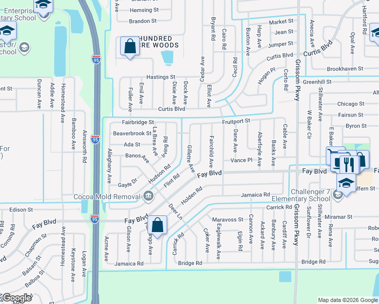 map of restaurants, bars, coffee shops, grocery stores, and more near 6370 Gillette Avenue in Cocoa