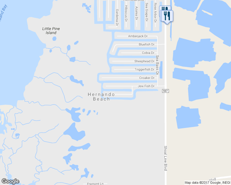 map of restaurants, bars, coffee shops, grocery stores, and more near 3391 Palometa Drive in Hernando Beach