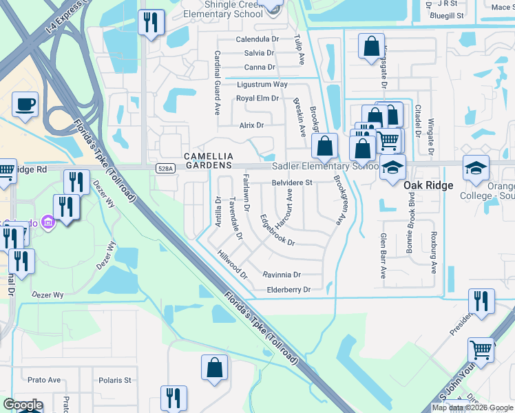 map of restaurants, bars, coffee shops, grocery stores, and more near 6024 Edgebrook Drive in Orlando