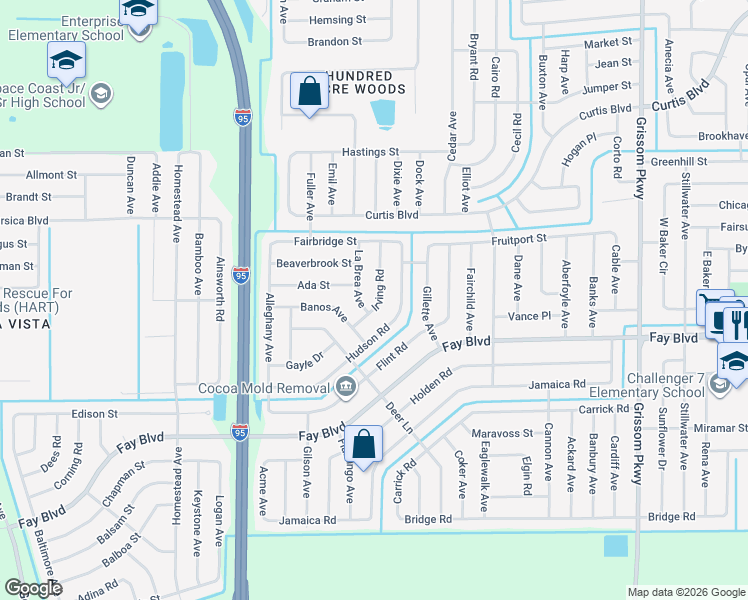 map of restaurants, bars, coffee shops, grocery stores, and more near 6370 Irving Rd in Cocoa
