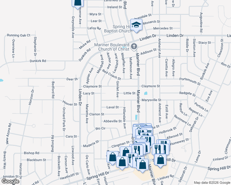 map of restaurants, bars, coffee shops, grocery stores, and more near 2359 Gimlet Avenue in Spring Hill