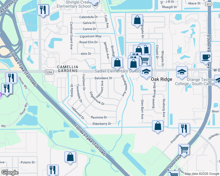 map of restaurants, bars, coffee shops, grocery stores, and more near 6027 Wilbeth Avenue in Orlando