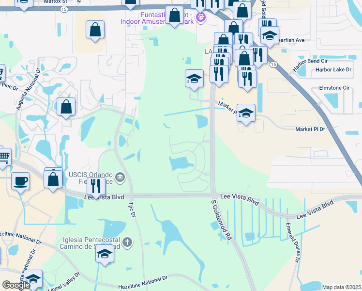 map of restaurants, bars, coffee shops, grocery stores, and more near 6502 South Goldenrod Road in Orlando