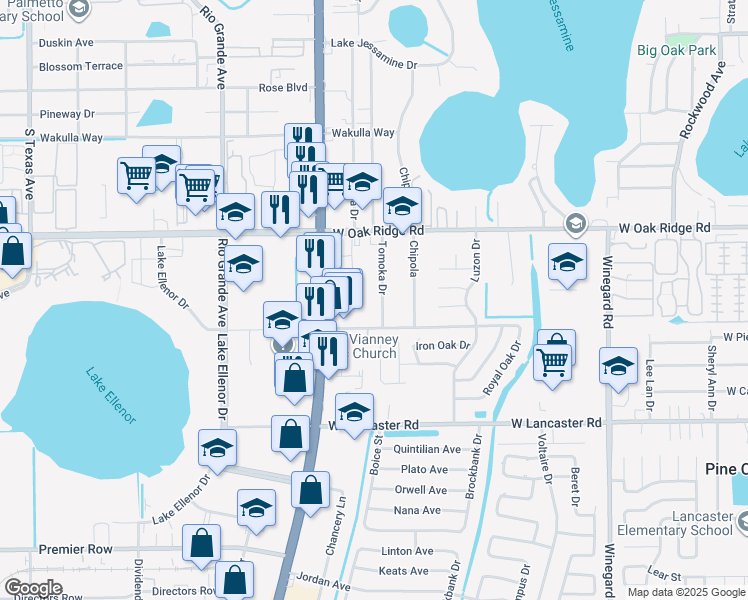map of restaurants, bars, coffee shops, grocery stores, and more near 6114 Tomoka Drive in Orlando