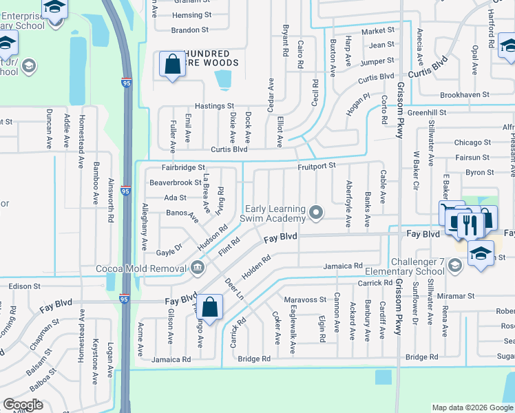 map of restaurants, bars, coffee shops, grocery stores, and more near 5464 Flint Road in Cocoa