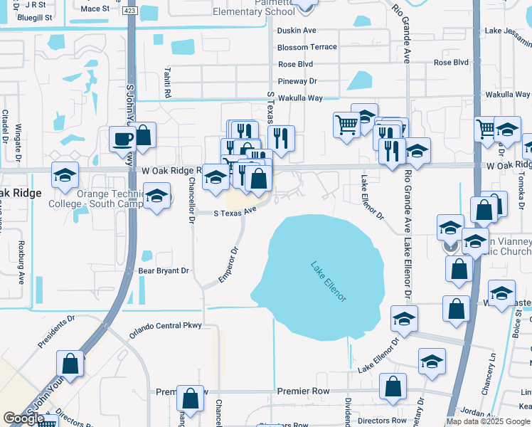 map of restaurants, bars, coffee shops, grocery stores, and more near 5989 South Texas Avenue in Orlando