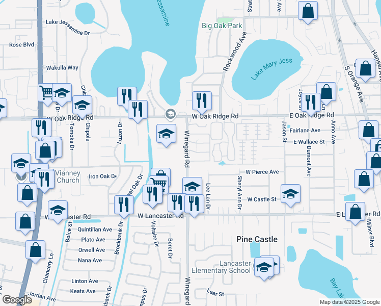 map of restaurants, bars, coffee shops, grocery stores, and more near 6019 Winegard Road in Pine Castle