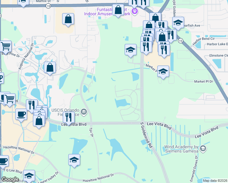 map of restaurants, bars, coffee shops, grocery stores, and more near 6450 South Goldenrod Road in Orlando