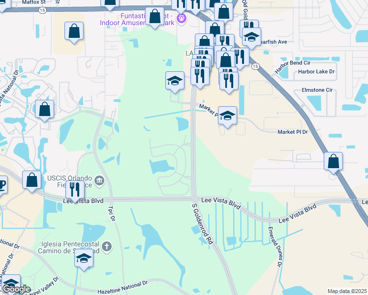 map of restaurants, bars, coffee shops, grocery stores, and more near 6552 South Goldenrod Road in Orlando