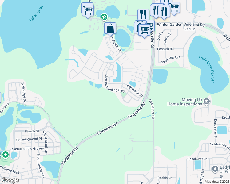 map of restaurants, bars, coffee shops, grocery stores, and more near 6644 Merrick Landing Boulevard in Windermere