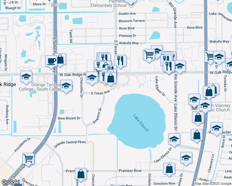 map of restaurants, bars, coffee shops, grocery stores, and more near 5989 South Texas Avenue in Orlando